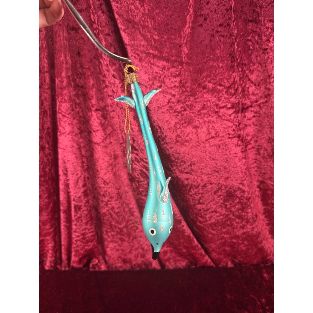 Vintage Handblown Glass Ornament Blue Dolphin Silver Glitter Whitehurst Imports